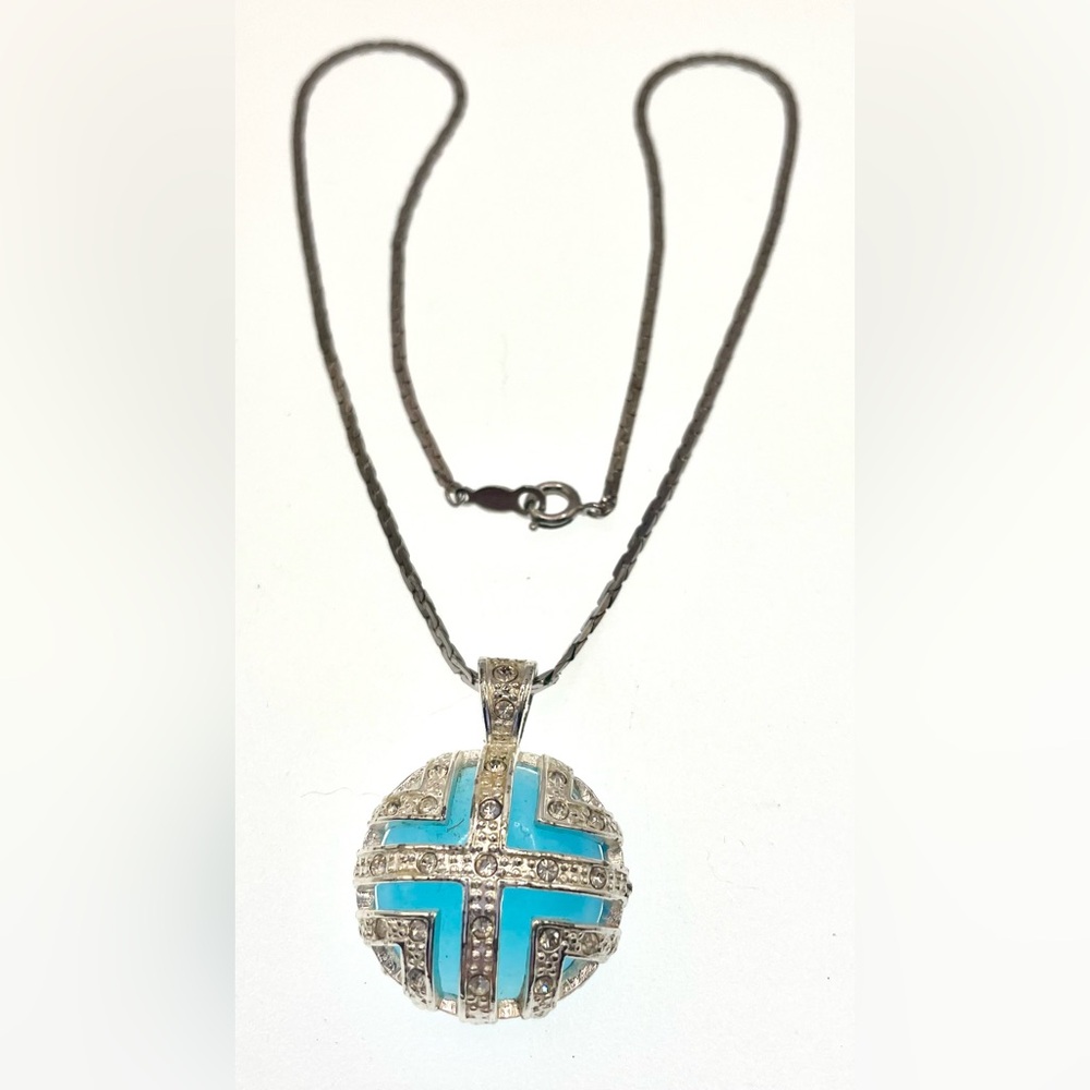 Vintage Silver Tone Necklace Blue Lucite Moonglow Pendant Signed Japan